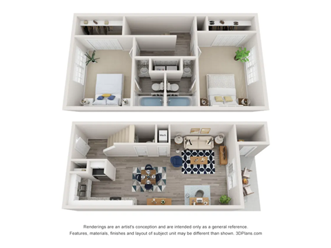 Floor plan for 2 beds, 2.5 baths, 1292 sqft